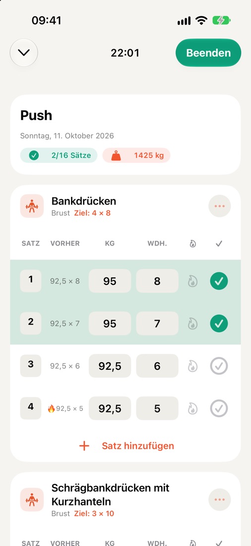 Live-Training mit Sätzen, Gewichten und Wiederholungen